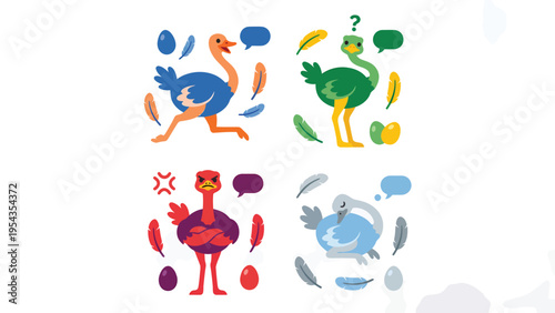 Colorful Cartoon Ostriches Expressing Diverse Emotions. Flat Design Animal Characters with Speech Bubbles, Feathers, and Eggs.