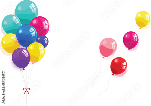 Flat vector illustration set of glossy colorful balloons in a tied bouquet and individual floating party celebration elements