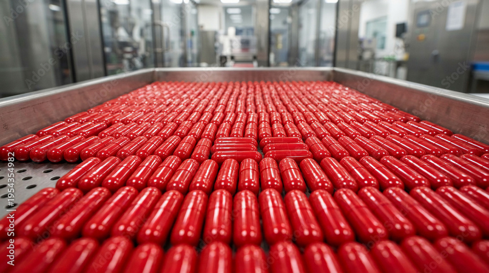 Fototapeta premium Rows of red cylindrical objects on conveyor belt.