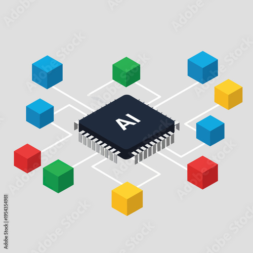 AI Chip Connecting Colorful Cubes - Artificial Intelligence Network Illustration.