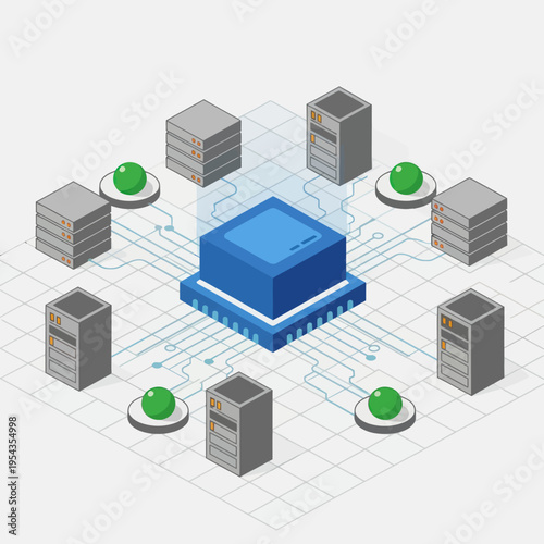 Isometric Data Center Network with Central Processing Unit.