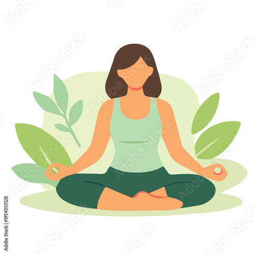 A calm vector scene of a woman practicing yoga, featuring soft gestures and natural earth tone colors, expressing tranquility, mindfulness, and a soothing minimalist vibe.
