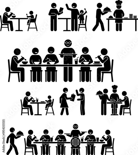 Diverse Restaurant Dining Scenes and Professional Food Service Set with Stick Figure Icons of Families, Couples, and Waiters