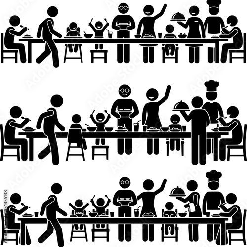 Large Family Gathering and Feast with Professional Chef and Waiter Serving Food in Stick Figure Icon Style