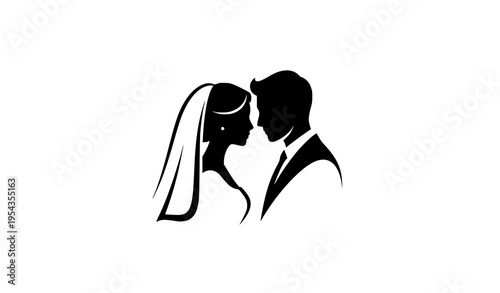 Minimal bride groom silhouette vector romantic wedding couple icon isolated on white background