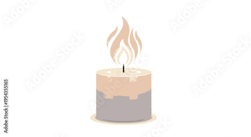 Burning Pillar Candle with Flickering Flame, Warm Light