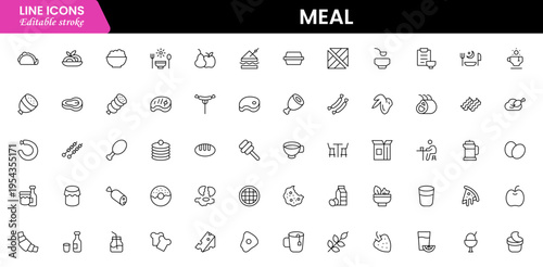 Meal icons depicting food dishes, dining, cooking, ingredients, nutrition, plates, utensils, breakfast, lunch, dinner, recipes, preparation, cuisine, and eating.