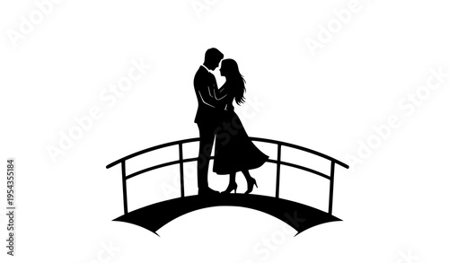 Loving couple on bridge silhouette vector romantic relationship concept isolated on white background