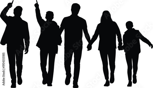 Silhouette of a happy family walking together and pointing forward representing unity goal achievement exploration togetherness and a positive future vision