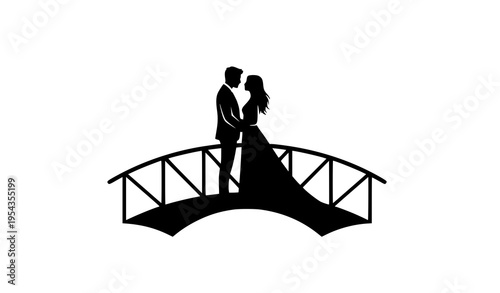 Romantic couple silhouette standing on bridge vector love scene isolated on white background