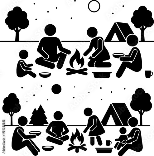 Night Camping and Bonfire Gathering Collection with Stick Figure Icons of Families and Friends Eating and Relaxing Under Stars