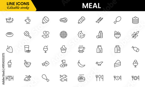 Meal icons depicting food dishes, dining, cooking, ingredients, nutrition, plates, utensils, breakfast, lunch, dinner, recipes, preparation, cuisine, and eating.