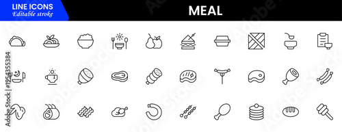 Meal icons depicting food dishes, dining, cooking, ingredients, nutrition, plates, utensils, breakfast, lunch, dinner, recipes, preparation, cuisine, and eating.