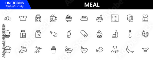 Meal icons depicting food dishes, dining, cooking, ingredients, nutrition, plates, utensils, breakfast, lunch, dinner, recipes, preparation, cuisine, and eating.