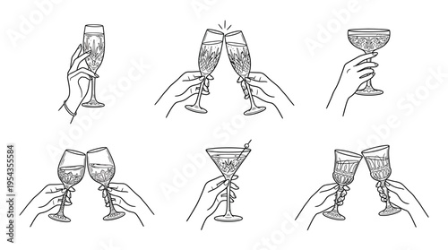 Celebration drinkware vector illustration set with champagne flutes, coupe glasses, martini, goblet, clinking hands, party toast, festive beverage art, social gathering design collection