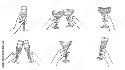 Celebration drinkware vector illustration set with champagne flutes, coupe glasses, martini, goblet, clinking hands, party toast, festive beverage art, social gathering design collection