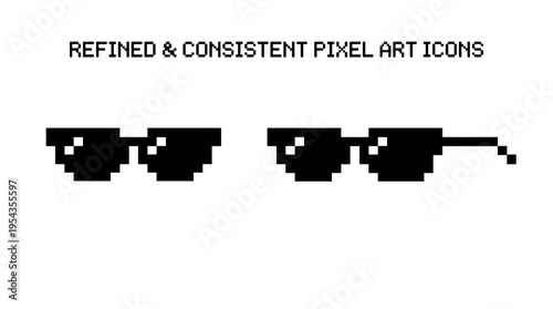 Pixel sunglasses vector illustration set with curved design, rectangular style, meme art, cool attitude, deal with it symbol, retro digital pixel graphic collection