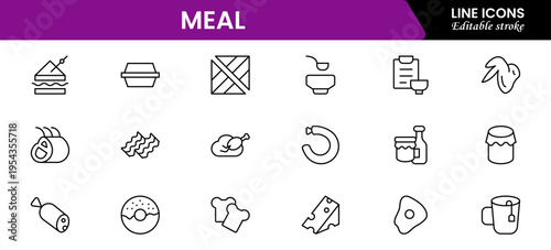 Meal icons depicting food dishes, dining, cooking, ingredients, nutrition, plates, utensils, breakfast, lunch, dinner, recipes, preparation, cuisine, and eating.