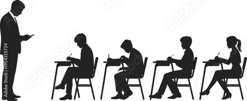 Silhouette of a professional male teacher or proctor supervising diverse students sitting at desks taking an exam in a classroom setting.
