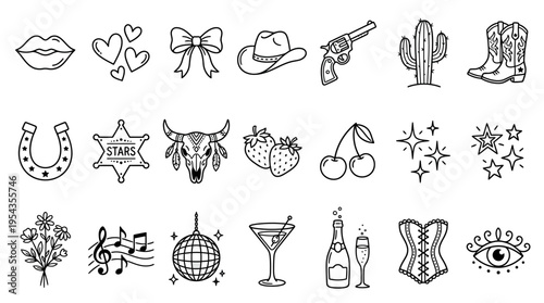 Western cowboy tattoo vector set with lips, hearts, flowers, musical notes, disco ball, corset, cactus, sheriff badge, bull skull, cherries, strawberries, stars, sparkles
