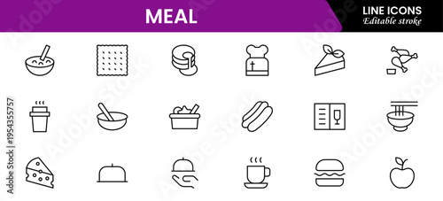Meal icons depicting food dishes, dining, cooking, ingredients, nutrition, plates, utensils, breakfast, lunch, dinner, recipes, preparation, cuisine, and eating.