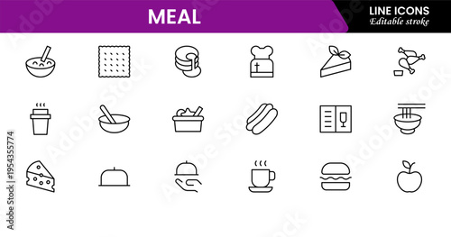 Meal icons depicting food dishes, dining, cooking, ingredients, nutrition, plates, utensils, breakfast, lunch, dinner, recipes, preparation, cuisine, and eating.