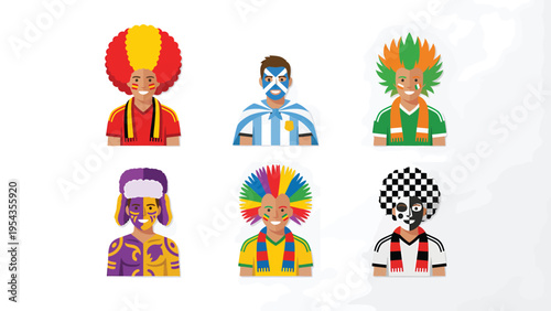 Cheerful Cartoon Sports Fan Avatars: Diverse Supporters with Colorful Wigs, Face Paint & Team Colors