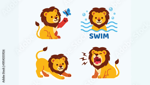 Cute Cartoon Lion Character Set: Playful, Swimming, Stretching, Roaring Poses. Flat Design Animal Illustration.