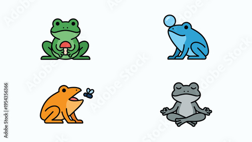 Vibrant Cartoon Frog Icons Set. Green, Blue, Orange, Gray Frogs in Different Poses and Activities on White