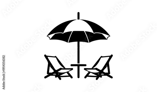 Black and white beach umbrella with lounge chairs and table vector illustration isolated on white background