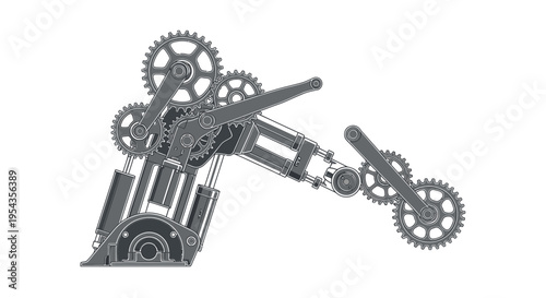 Complex Mechanical Device with Gears and Linkages - Engineering Illustration