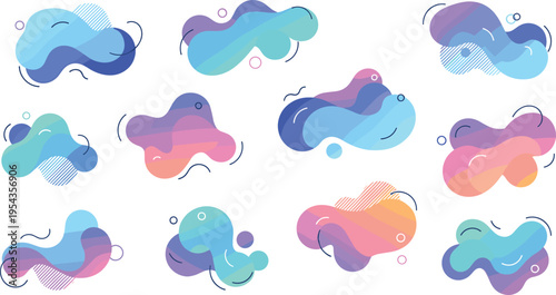 Abstract liquid amoeba shapes set with colorful gradients and geometric elements for modern web design and branding backgrounds