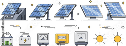 Solar panel energy system vector icon set featuring photovoltaic cells battery storage inverter and sun symbols for renewable power