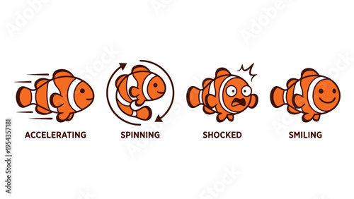 Cute Cartoon Clownfish Set: Accelerating, Spinning, Shocked, Smiling Poses & Emotions