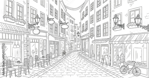 European old town street sketch with cafe terrace cobblestone road and vintage buildings for travel background or coloring