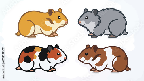 Cute cartoon hamsters in various colors and patterns. Adorable pet rodents vector illustration.