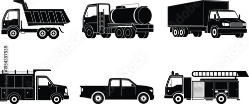 Silhouette illustration of six different utility and service vehicles including dump truck, tanker, box truck, van, pickup, and fire truck, construction, transport, and emergency design concept.