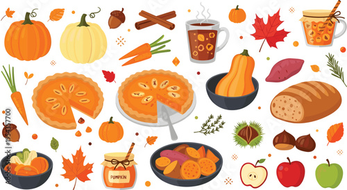 Autumn harvest food vector set with pumpkin pie seasonal vegetables fall leaves apple and cinnamon for thanksgiving dinner