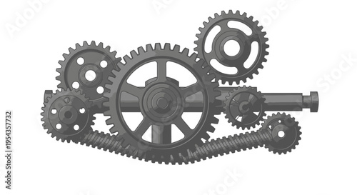 Complex Mechanical Gears System, Industrial Engineering Illustration