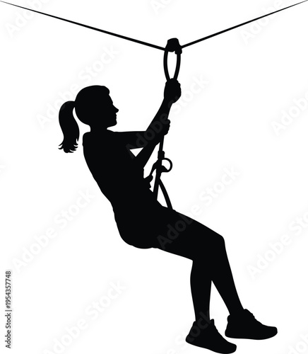 Silhouette of a young girl ziplining on a cable during an outdoor adventure activity over a white background for vector