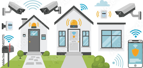 Smart home security system vector illustration featuring cctv cameras wireless alarm sensors and mobile phone app for house monitoring