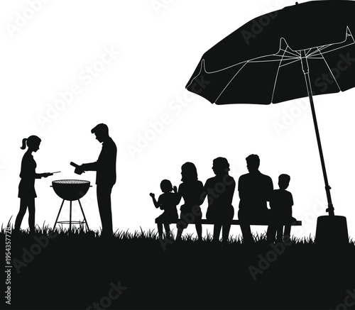 Silhouette of family group enjoying backyard barbecue picnic with grill and large umbrella representing summer outdoor leisure and social gathering