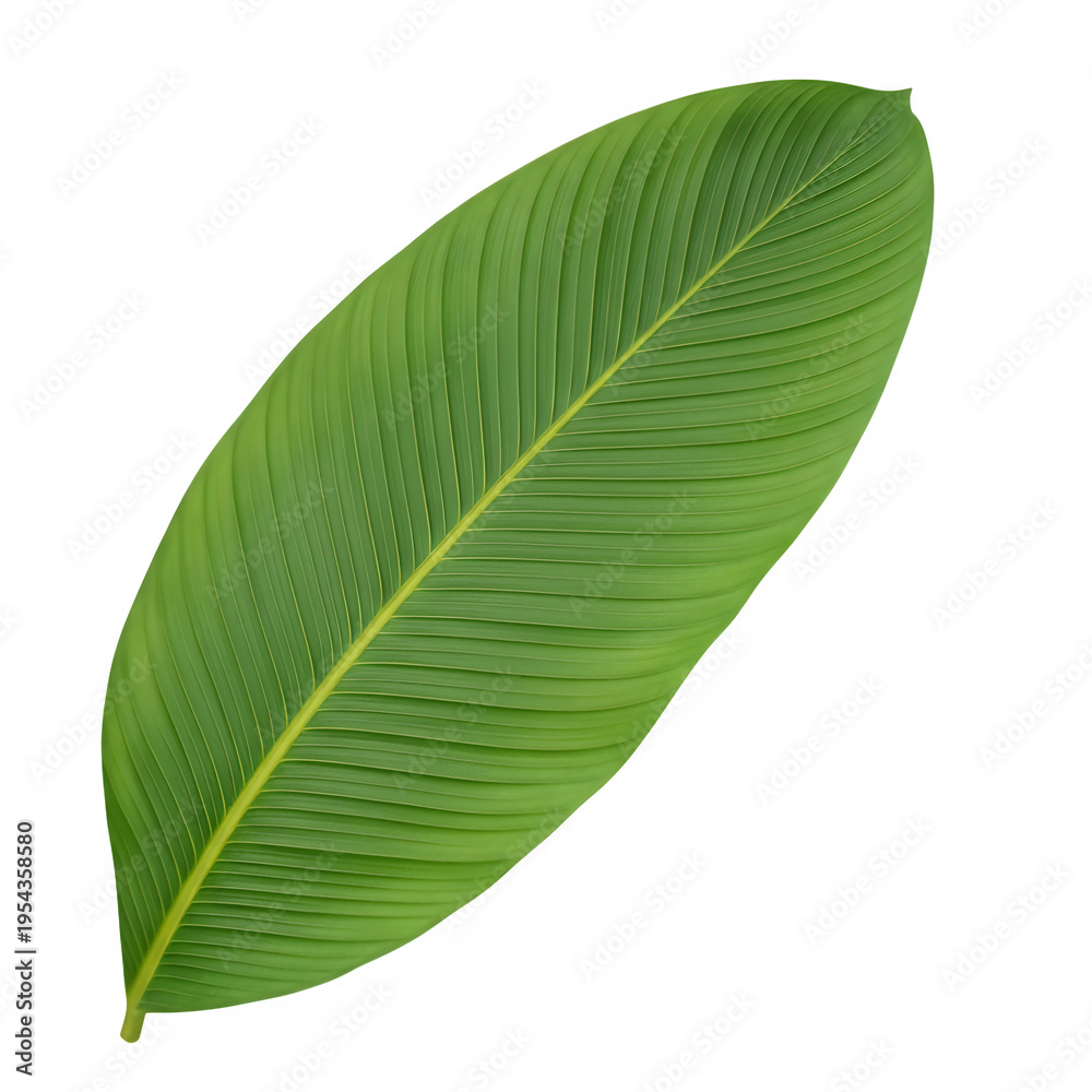 Obraz premium Long green leaf with ribbed texture on transparent background, banana leaf