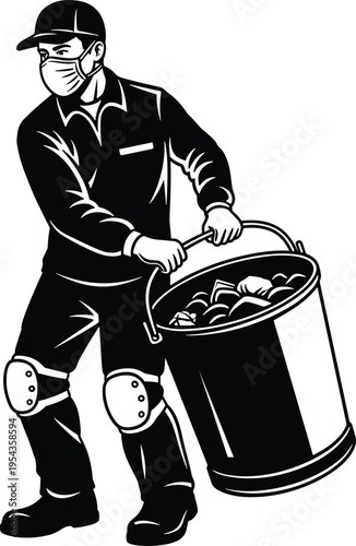 Black and white vector illustration of sanitation worker wearing face mask and kneepads carrying heavy bucket of waste for industrial