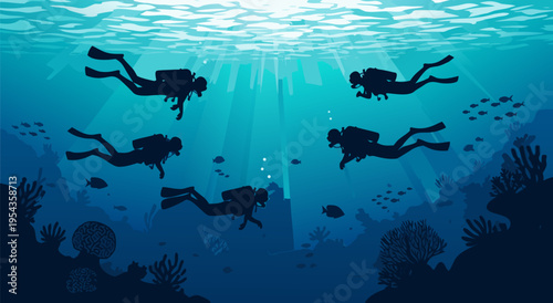 Group of scuba divers exploring a vibrant coral reef, underwater vector illustration with sunbeams illuminating the ocean depths