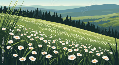 Beautiful Vector Illustration of a Daisy-Covered Rolling Hillside Under a Clear Blue Sky