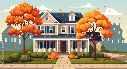 Charming suburban house illustration with autumnal trees and falling leaves, vector art for seasonal decor