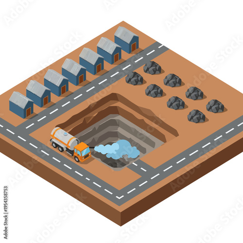 Isometric Quarry Mining Operation with Trucks and Excavation.