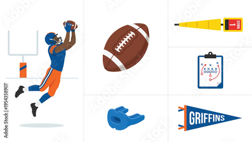 American Football Game Elements and Player Action Illustration Set