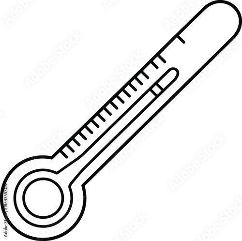Vector line art illustration of a medical thermometer, fever measurement tool, healthcare equipment, body temperature check icon, and clinical instrument.